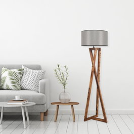 Opviq Lámpara de Pie de Madera con Pantalla de Tela Gris y Marrón